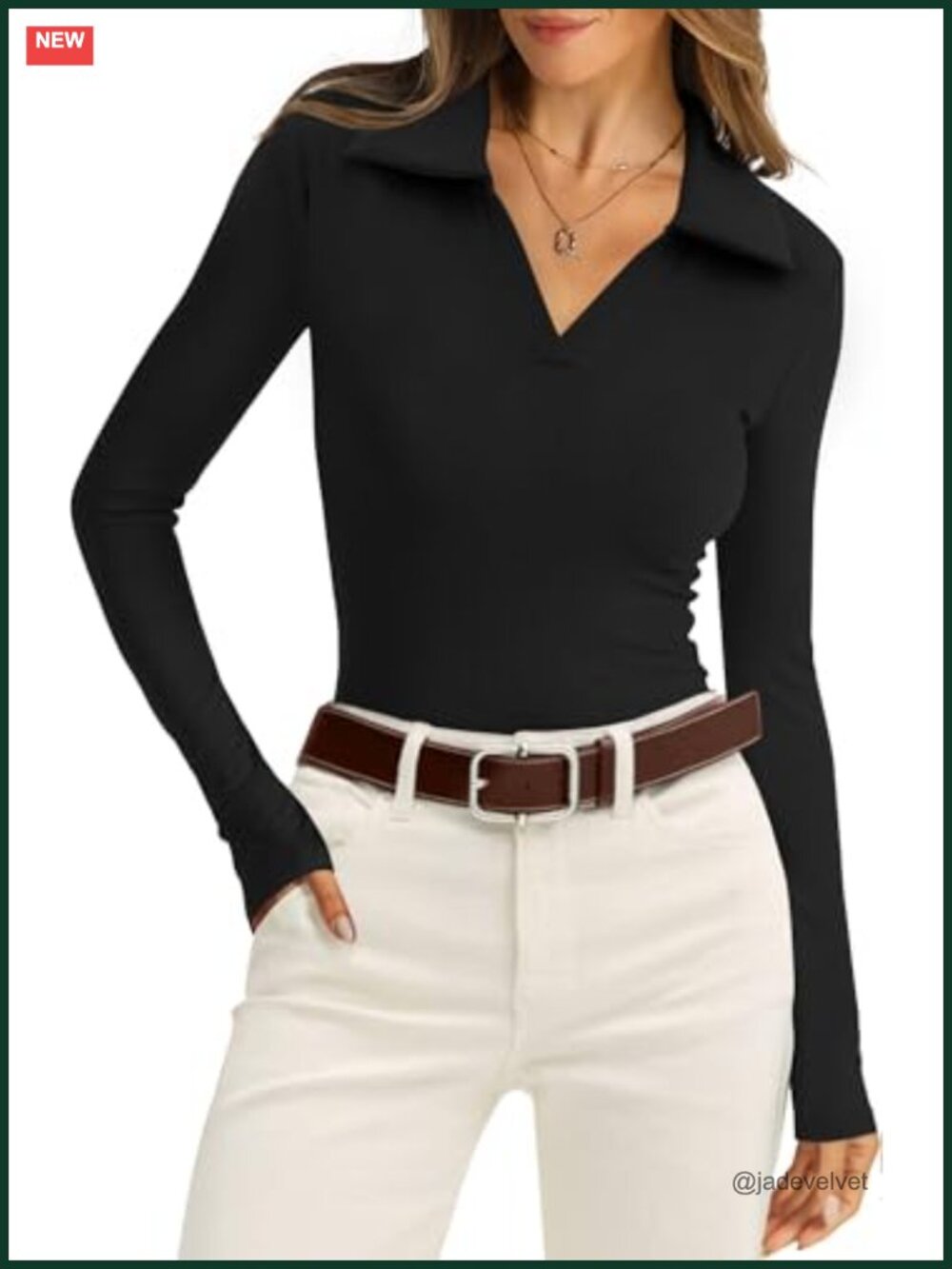 Womens Long Sleeve Collared V Neck Ribbed Knit Polo Sweater Business Casual
